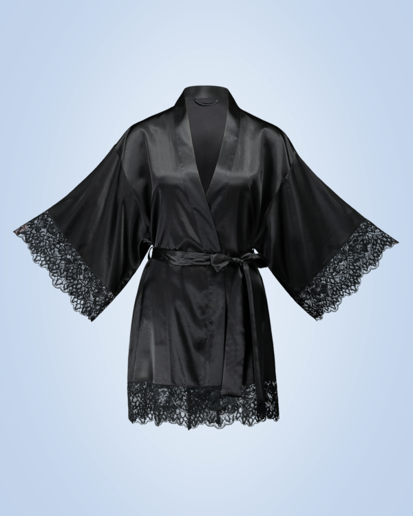 The front view of a black Bodice Dark Queen Kimono Robe