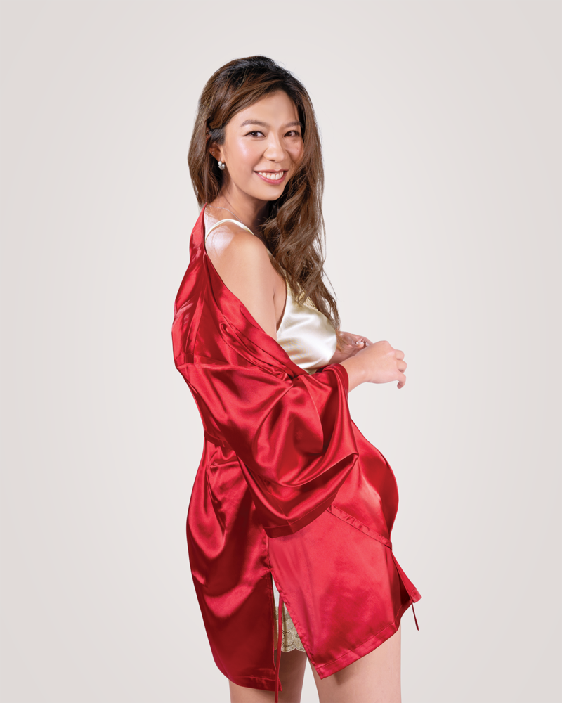 A model wearing a red Bodice Cupid Kimono Robe