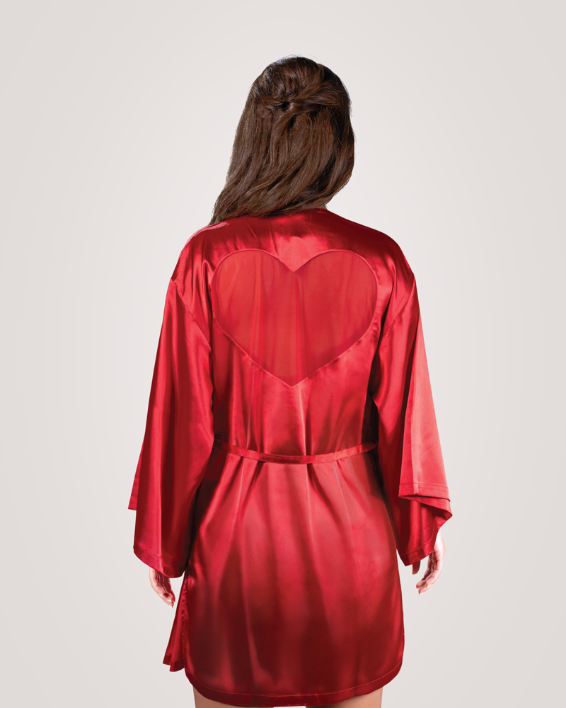 A model wearing a red Bodice Cupid Kimono Robe
