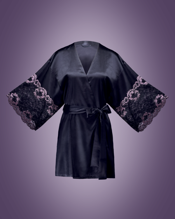 The front view of a black Bodice Purple Rose Kimono Robe