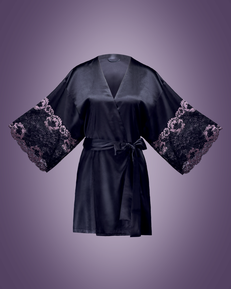 The front view of a black Bodice Purple Rose Kimono Robe